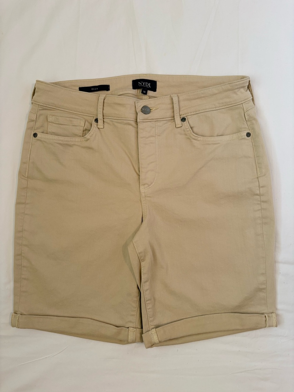 NYDJ Ella Roll Cuff Shorts Butter Yellow Khaki Lift Tuck Denim Size 10